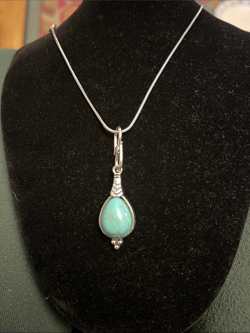 Turquoise Teardrop Pendant Necklace - Elegant Silver Tone